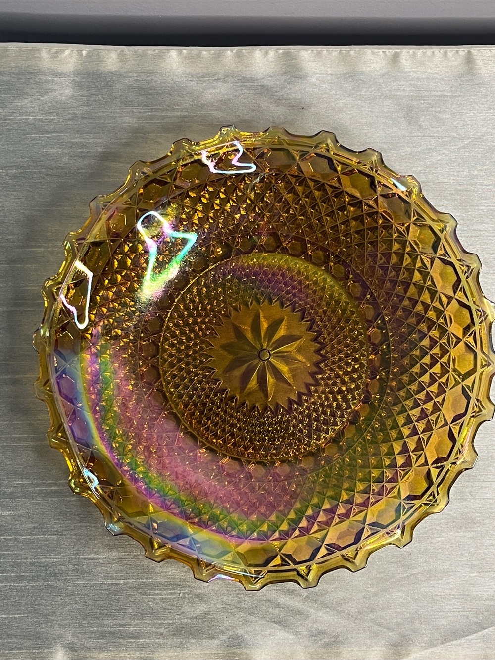 Vintage Indiana Glass Marigold Carnival Glass Hostess Bowl 10 Inch Diamond Point